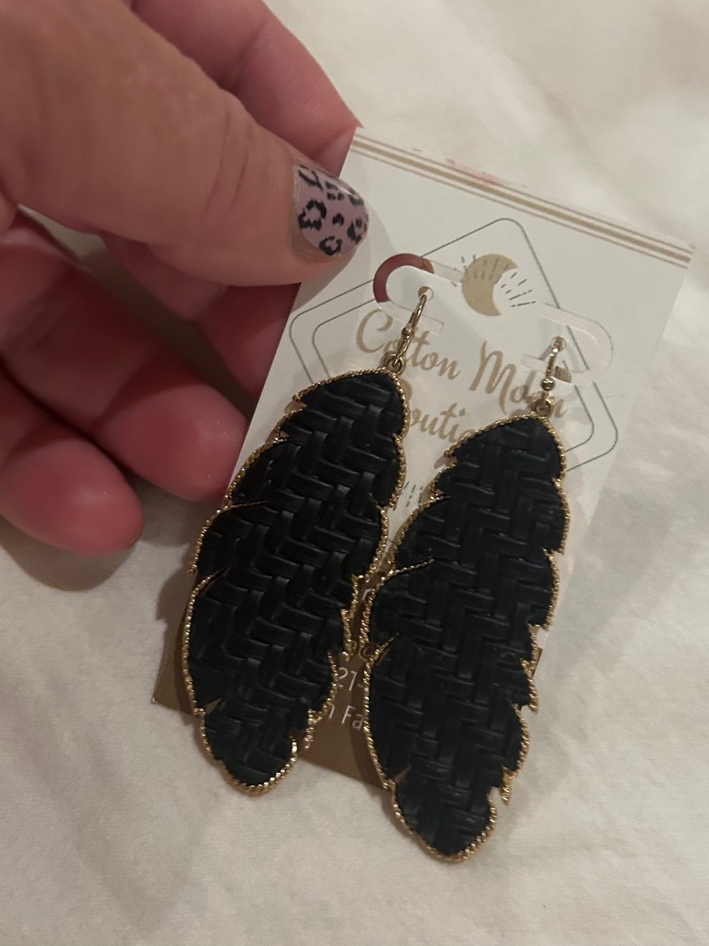 City Chic Black Woven Feather Drop Earrings with Gold Trim